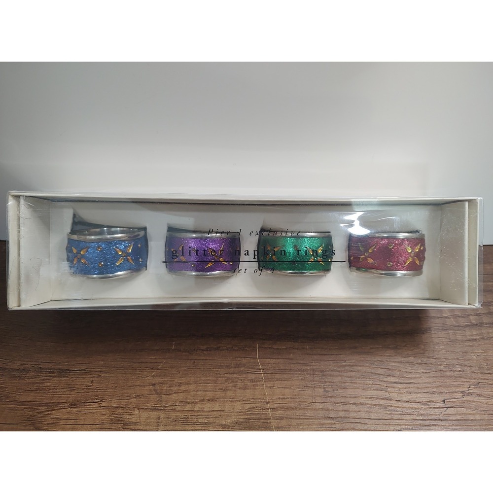 Pier 1 Napkin Rings India Multicolor Glitter Metal Floral Jeweled Set of 4 V1